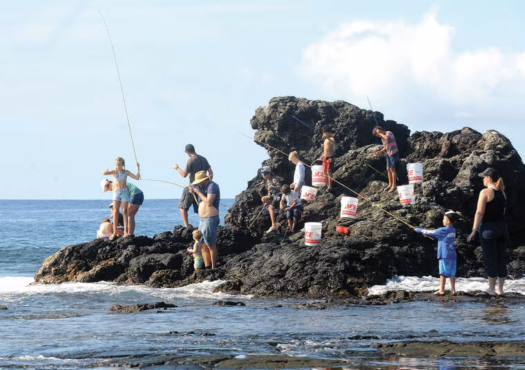 Keiki fishing with bamboo poles at the Keiki of Da Aina Foundation's annual bamboo fishing tournament at Old Kona Airport Park